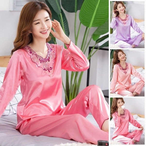 Fashion Women Two Pieces Sleepwear Soft Silk Casual Pajama Sets