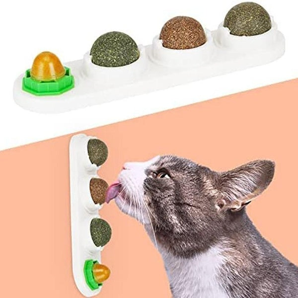 Catnip Ball for Cats Wall, 4 Pack Catnip Toys, Silvervine Balls, Edible Kitty Toys for Cats Lick, Safe Healthy Kitten Chew Toys, Teeth Cleaning Denta