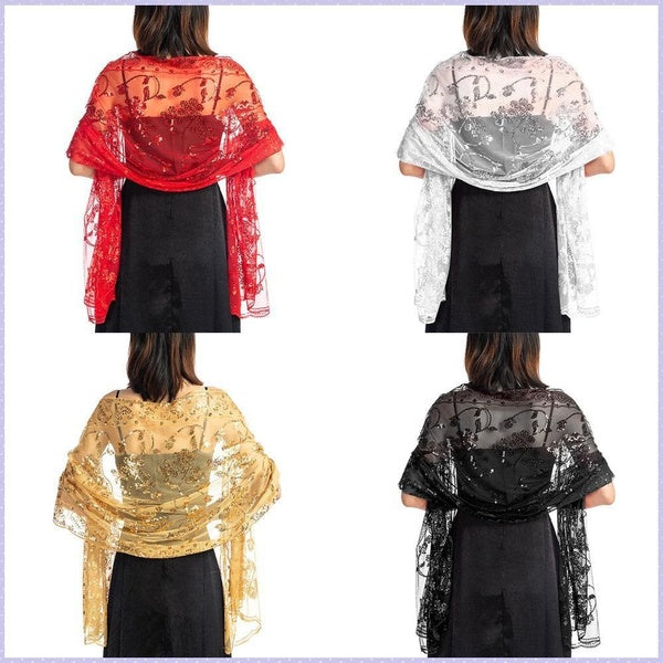 New Women Sequin Shawl Lace Embroidery Scarf Wraps for Wedding Party Formal Elegant Special Event
