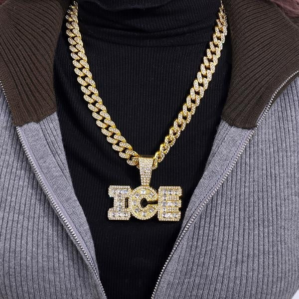 Punk Hip Hop Iced Out Crystal Letter ICE Pendant Necklace Chunky Miami Cuban Link Chain Necklace Zircon Choker for Women Men Jewelry