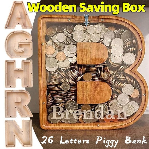 Boîte d'épargne en bois 26 lettres et pièces de monnaie numériques, tirelire avec autocollants de conception, pot personnalisé, boîte de rangement de