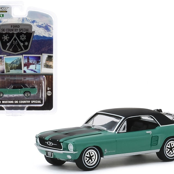 1967 Ford Mustang Coupe Loveland Green Met. w-Pair of Skis "Ski Country Special" 1-64 Diecast Model Car by Greenlight