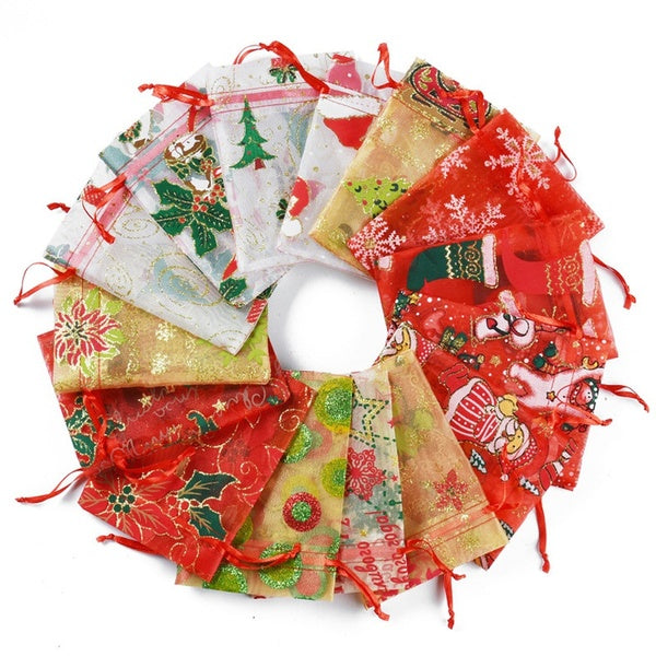Christmas Drawstring Organza Gift Bags Xmas Gold Blocking Candy Pouches with Snowflake Santa Bell Printing Design