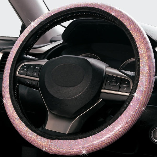 Car Steering Wheel Cover for Women Bling Bling Crystal Diamond Rhinestone Sparkling Car SUV Wheel Protector Universal Fit 15 Inch White-Pink