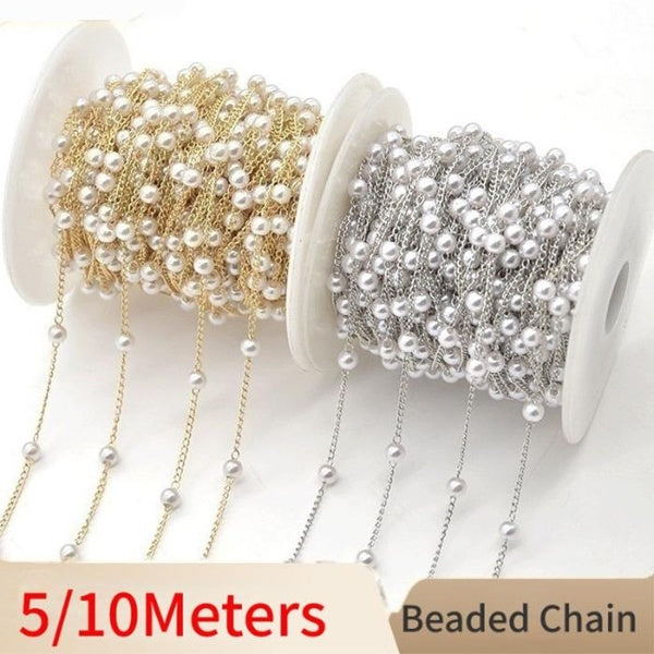 5-10Meters 4mm Beaded Chain Imitation Pearl Chain Copper Necklace Chain Handmade Accessories for Jewelry Making Components Crafts DIY Matron Inn
