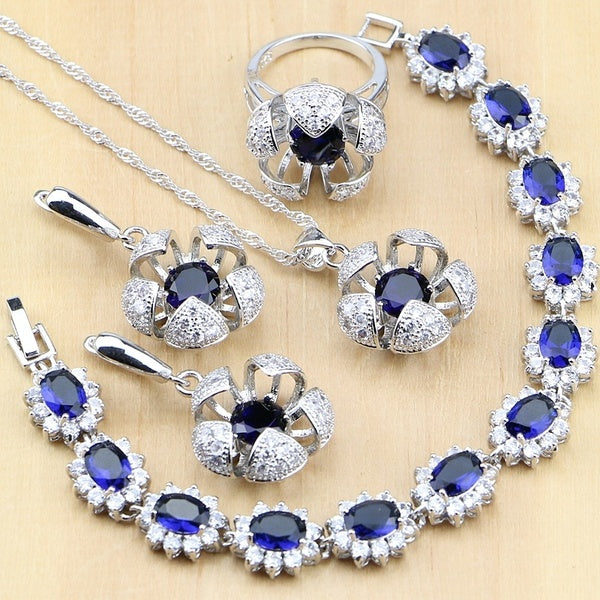 Flower Shaped 925 Sterling Silver Bridal Jewelry Sets Blue Sapphire White Topaz For Women Earrings-Pendant-Ring-Bracelet-Necklace