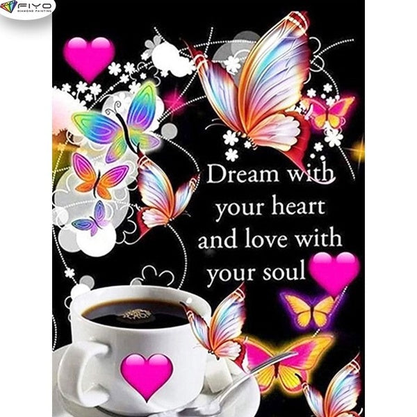 FIYO Butterfly and Coffee DIY 5D Diamond Painting Full Drill with Number Kits Home and Kitchen Fashion Mosaic Diamond Painting Canvas Wall Decoration