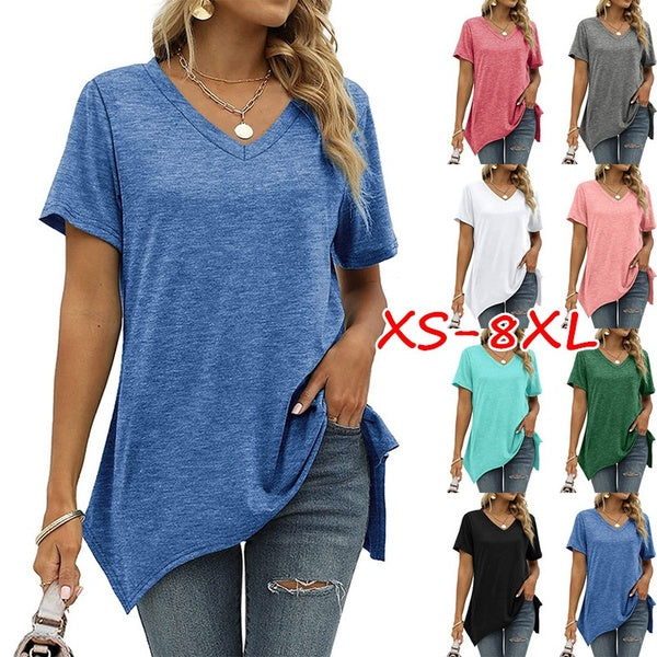 Plus Size XS-8XL Women Summer Casual Deep V-neck Short-Sleeve Tops Ladies Fashion Solid Color Blouses Irregular Hem Loose T-Shirt Cotton Blouse Tops
