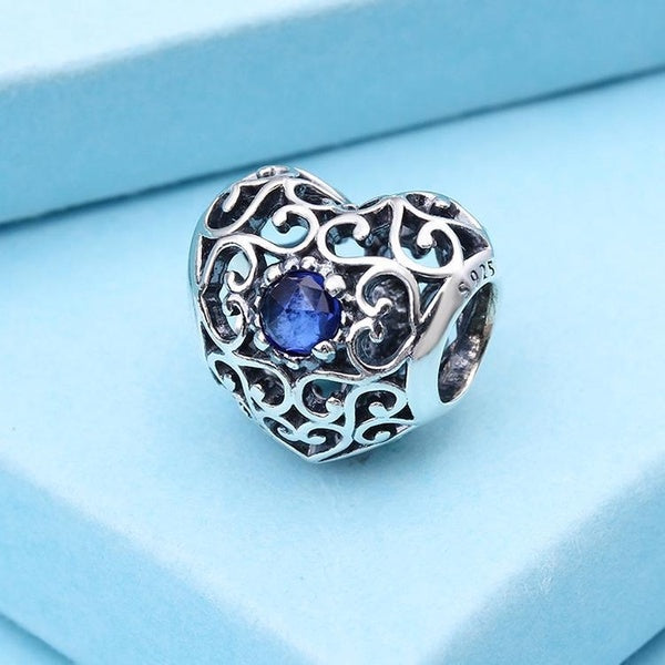 Coeur de signature de septembre en argent sterling 925 avec perle de charme en pierre de naissance en saphir synthétique