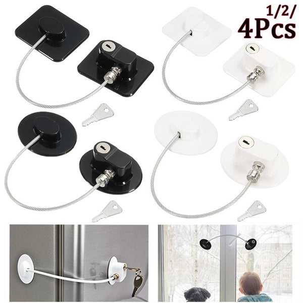 4-2-1pc Adhesive Stainless Steel Baby Child Safety Lock Window Refrigerator Opening Security Cable Door Lock For Kids Safety Protector Protection
