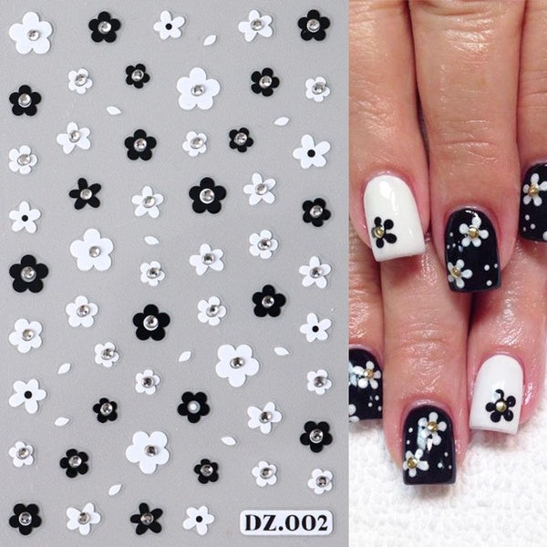 Cute Black-White Flower Nail Charms Foils Elegant French Line Rhinestones Slider for Nail 3D Kawaii Red Bowknot Manicure Tattoos