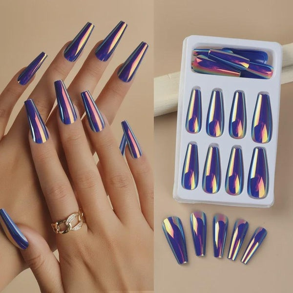 24PCS Mirror Effect Long Coffin Press On Fake Nails With Adhesive Full Cover Artificial False Nail Art Tips