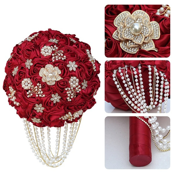 1PCS Wine Red - White Bridal Artificial Rose Bouquet Wedding Holding Flowers Artificial Rose Flower Bridal Bouquet
