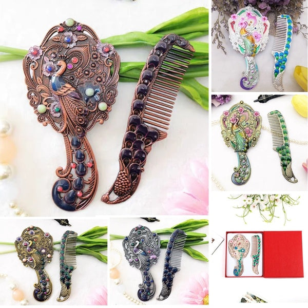 Vintage Comb and Vintage Mirror Set Luxury Peacock Painted Women Makeup Girls Birthday Gift （With A Gift Box）