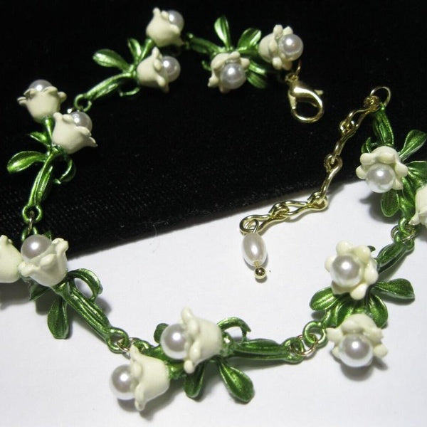 BRACELET Vintage Style Art Déco Émail Perle Fleur Fleur Muguet