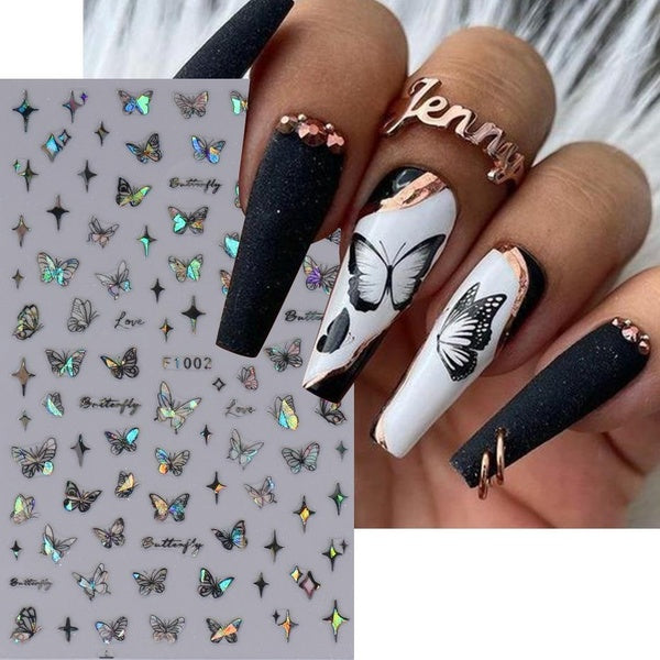 Metallic Black Butterfly Nail Stickers 3D Dark Style Charms Sliders Lace Ink Dream Catcher Moon Heart Star Foil Manicure Tips
