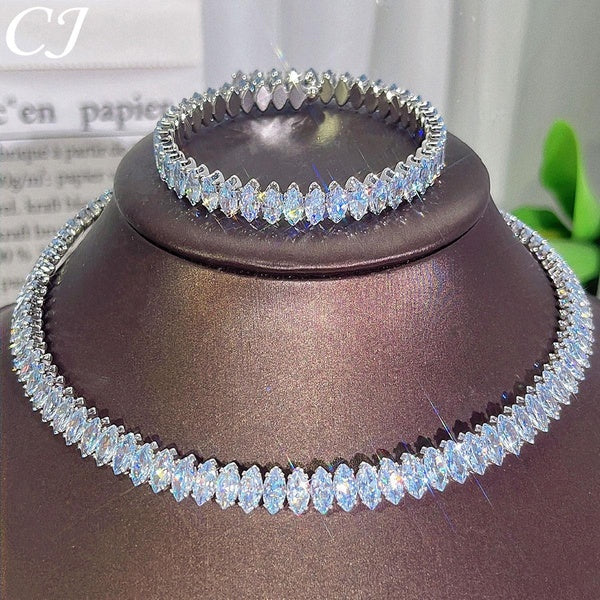 CANDICE Super Shiny Marquise Cut Clear AAAAA Cubic Zirconia White Gold Plated Choker Neckalce Bangle Bracelet Set Graceful Wedding Bridals Jewelry fo
