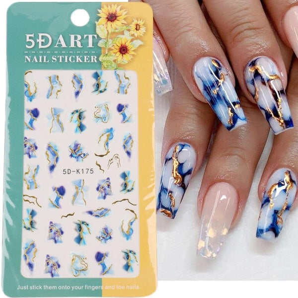 5D Marble Embossed Nail Art Stickers Blooming Smoke Stripe Gold Wave Drawing Engraved Slider Design Manicure Decoration BE5D-K