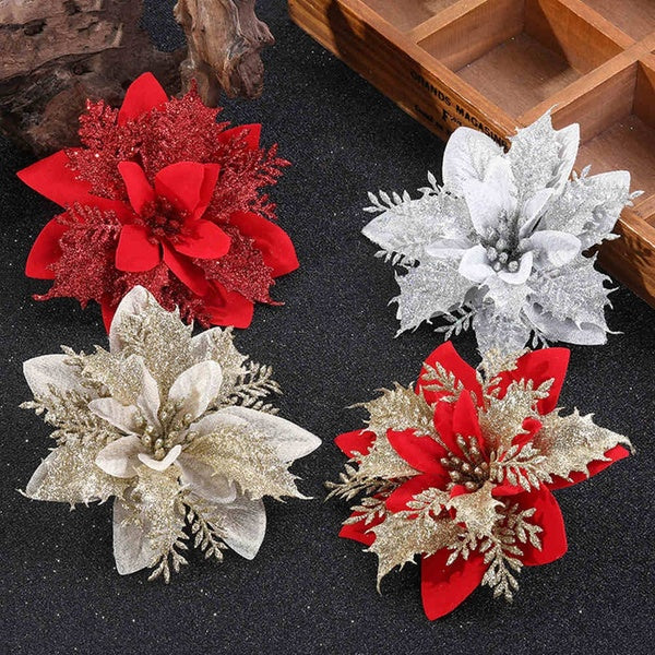 2-10 Packs Christmas Glitter Poinsettia Artificial Silk Flowers Christmas Tree Ornaments Wreaths Garland Holiday Decoration