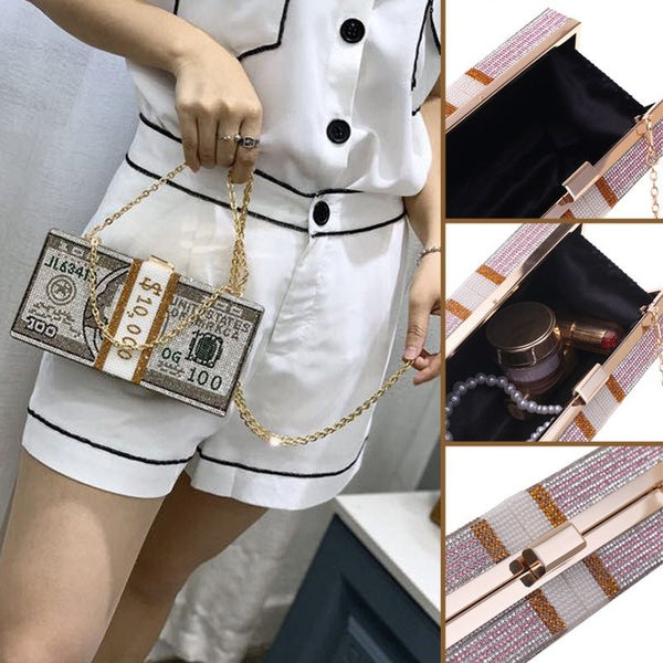 Stack of Cash Crystal Women's Wallet Evening Clutch Diamond Painted Chain Wedding Dinner Purse and Handbag Luxury Women's Wallet Glitter Gloss Leathe