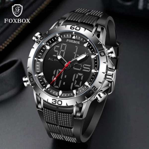 2021 Mens Watches Silicone Strap Waterproof Watch For Men FOXBOX Brand Luxury Dual Display Quartz Alarm Clock Relogio Masculino