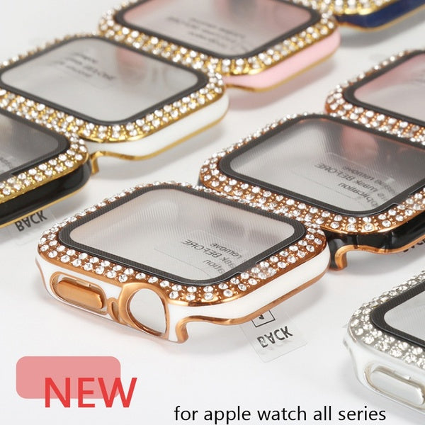 Tempered glass Diamond case for Apple Watch 9 8 41mm 45mm 40mm 44mm 38mm 42mm series 7 6 SE 5 4 3 2 1 for iWatch Accessories cover +Screen Protector