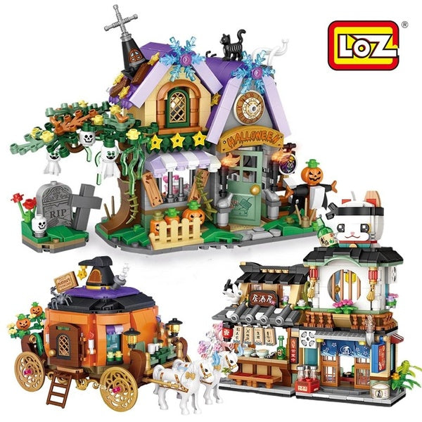 Cute and Challeging LOZ MINI Blocks Halloween Christmas House Pumpkin Carriage Japan Sea Fish Foods -Ice Shop-Tako Yaki Creative MOC Retail Store Wit