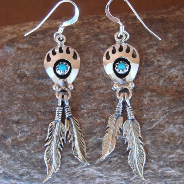 Boucles d'oreilles pendantes en plumes de patte d'ours turquoise plaquées en argent sterling 925 éblouissantes