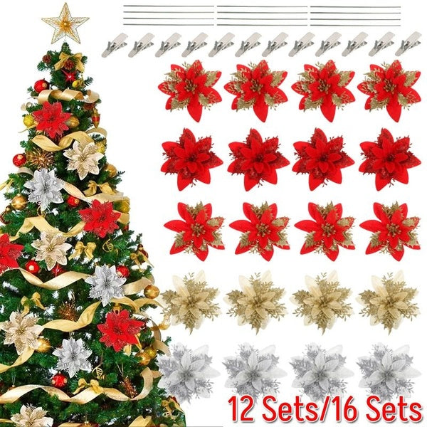 12 Sets-16 Sets Christmas Glitter Poinsettia Flowers Artificial Christmas Flowers Christmas Ornaments Christmas Tree Flower Decorations with Clips St