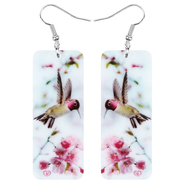 Acrylique Rectangle Fleur Colibri Oiseau Boucles D'oreilles Long Charme Animal Balancent Drop Bijoux pour Femmes Dames Cadeau Accessoire Décoration