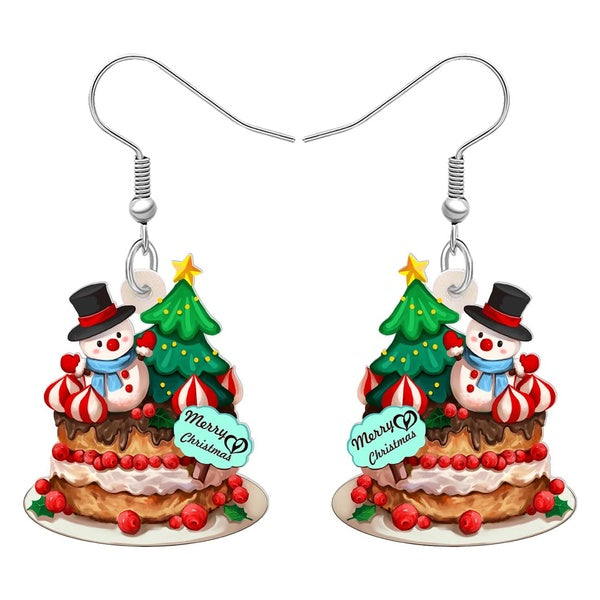 Boucles d'oreilles pendantes en acrylique en forme de bonhomme de neige, arbre, gâteau, nourriture, ornement de Noël, breloque, cadeaux pour femmes,