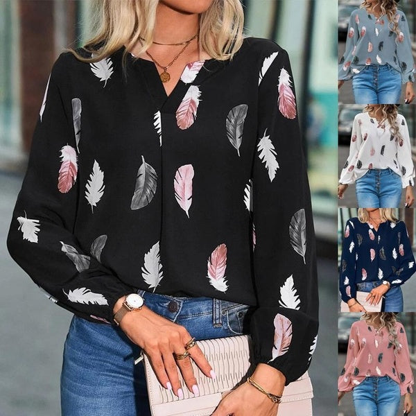 Women's Feather Print V Neck Long Sleeve Blouses Fashion Casual Breathble Loose Shirts Ladies Plus Size T-shirts