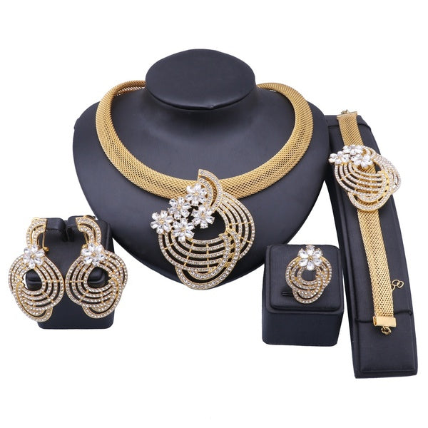 Women's Wedding Gift Crystal Dubai Gold Choker Necklace Earring Bangle Ring ladies Jewelry Set