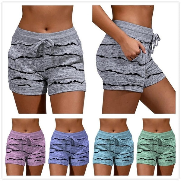 Women's lace-up striped pentagram print shorts, yoga pants, sports stretch shorts