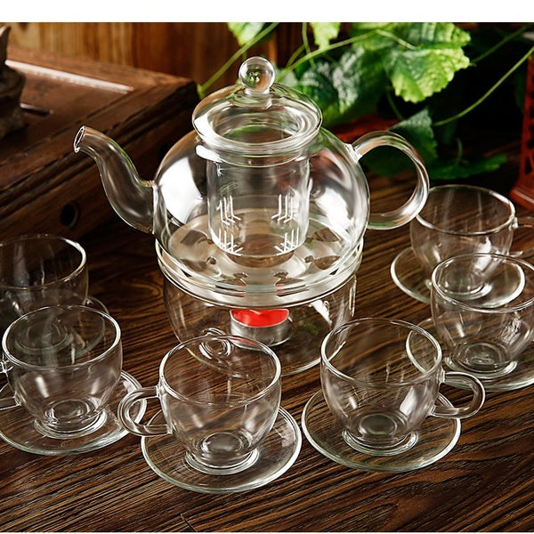 8pcs-pack high quality heat resistant glass flower teapot 1pc pot 600ml 4pcs 80ml saucers+1pc warmer Teapot Set JO 1051