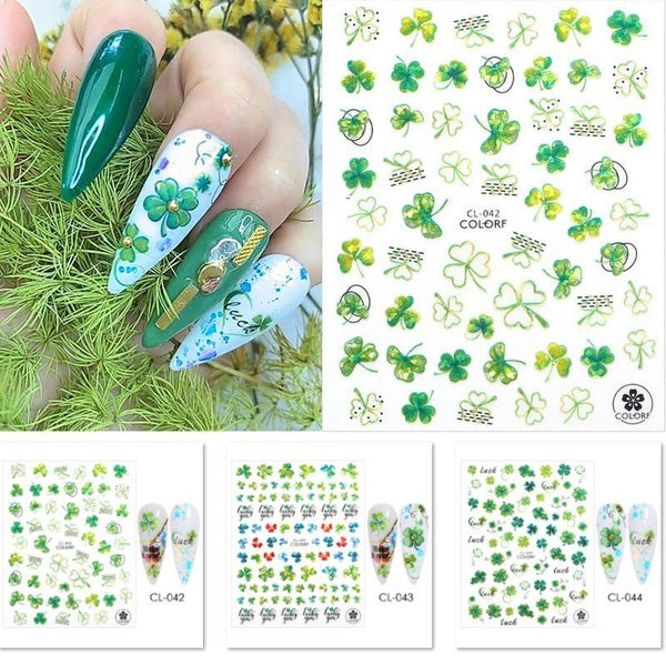 Nail Stickers Lucky Green Clover Ginkgo Leaf Shamrock Flowers Nail Art Decals St Patrick's Day 3D Holographic Nail Sliders Nail Polish Decals