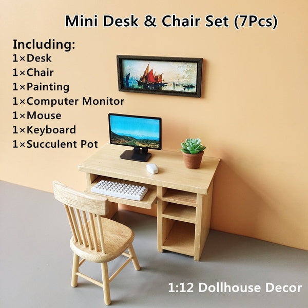 Dollhouse Study Room Mini Computer Desk & Chair-Books Dollhouse Desktop Accessories 1:12 Miniatures Collection