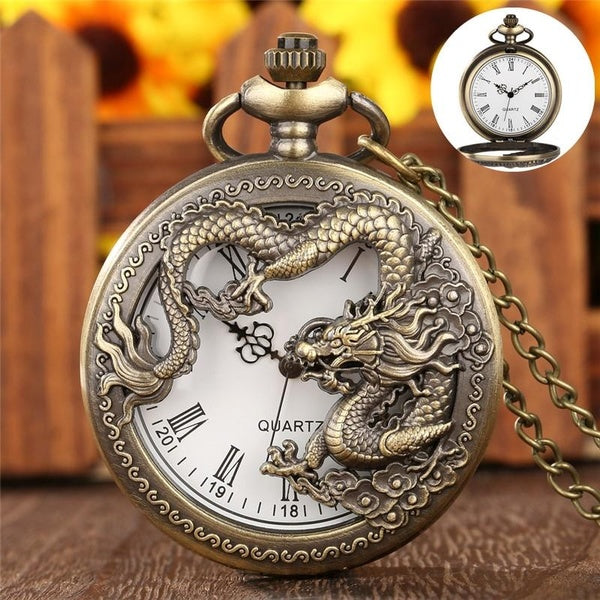 Montre de poche analogique à Quartz pour hommes et femmes, Style Vintage, couverture de Dragon ajourée, cadran à chiffres romains avec chaîne de coll