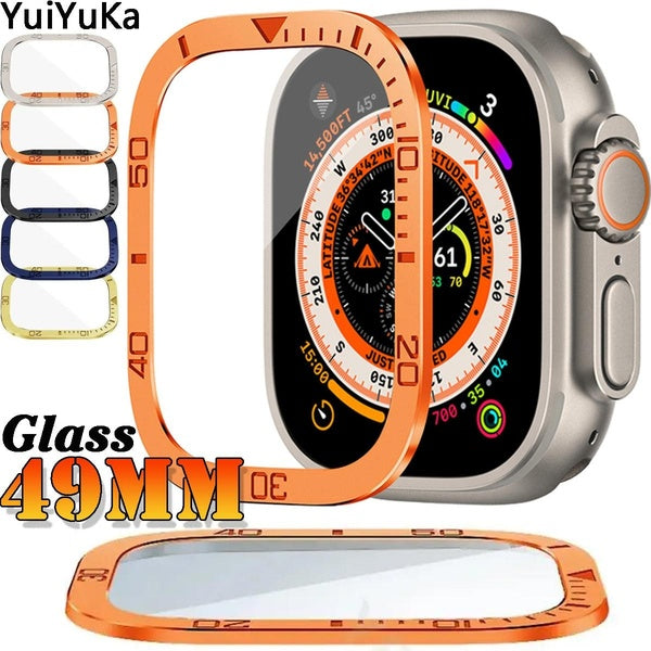 YuiYuKa Tempered Glass with Metal Frame for Apple Watch Ultra 49mm for Iwatch Ultra Bumper Screen Protector Aluminum Alloy Frame Accessories Anti-Scr