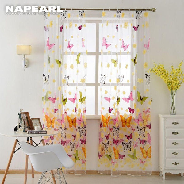 1PC Napearl Custom Size Butterfly Printed Transparent Tulle Sheer Curtain for Kitchen Home Decoration