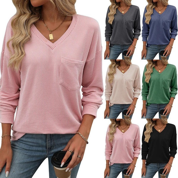 Women's Casual V Neck Ribbed Knit Shirts Going Out Tops Fall Basic Long Sleeve Loose Pullover Blouses