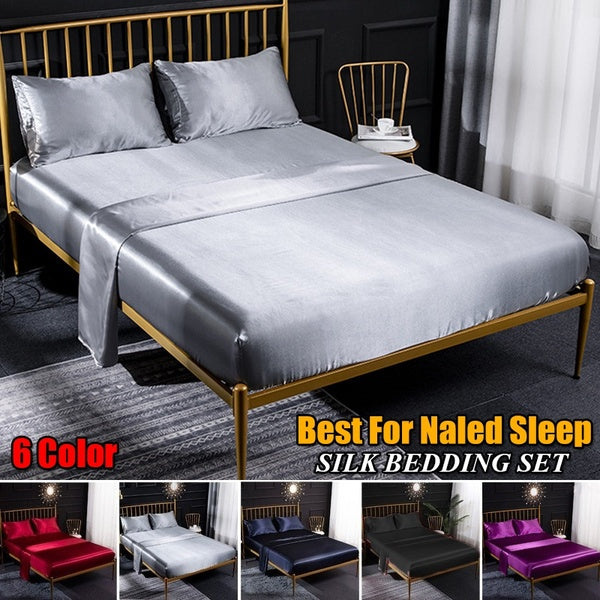 Luxury Pure Satin Silk Bedding Set Soft Reversible Hypoallergenic Bed Sheets Set 1-3-4 Pcs Flat Sheet & Fitted Sheet & Pillowcase Baby Twin Full Quee