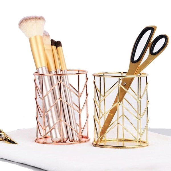 Rose Gold Hollow Pen Pencil Pot Holder Makeup Brushes Storage Desk Organiser Container Organizer Desk Stationery Decor