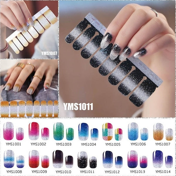 16pc-set Glitter Solid Color Nail Sticker Waterproof Full Sticker Nail Polish Patch Gradient Color Nail Sticker