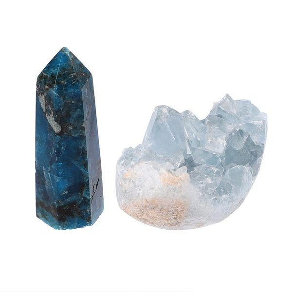 Mini Blue Apatite Point Tower and Raw Celestine Crystal Set Crystal Point Wand Rough Stone Quartz Gemstone For Collection Yoga Meditation Wicca Home