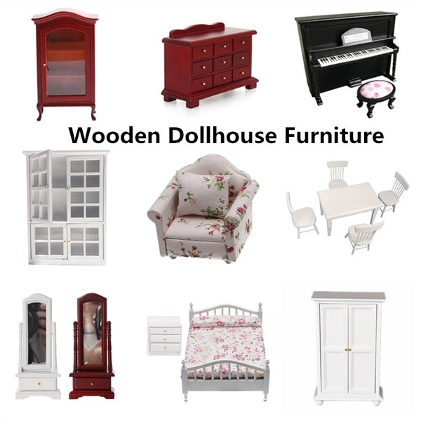 Wooden Dollhouse Furniture 1:12 Miniatures Scene Mini Bed Sofa Table Cabinet Kids Toy