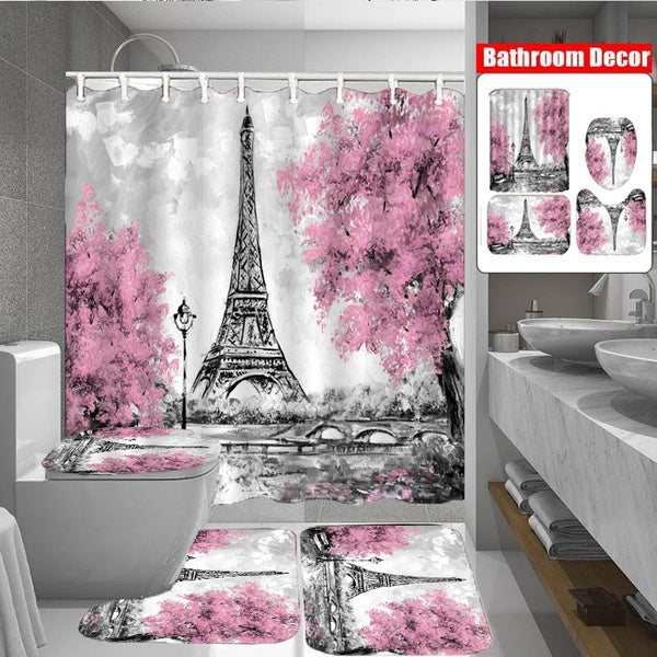 Romantic Eiffel Tower shower curtain bathroom set waterproof shower curtain set floor mat toilet cover set non-slip absorbent floor mat 1-3-4PCS