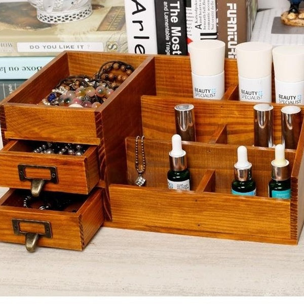 1PC Creative Home Woody Cosmetics Box Drawer Type Multi-functional Desktop Organzier Container Jewelry Storage Box Skin Care Finishing Box Solid Wood