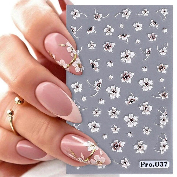 Embossed Acrylic White Flowers Nail Design Stickers 5D Elegant Lace Floral Leaf Wedding Decal Charm Engraved Manicure Foil Wraps