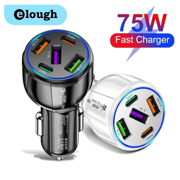 Elough 5 Ports 75W USB Car Charger Type C USBC Car Fast Charging QC3.0 PD Car Phone Chargers Adapter For IPhone For Samsung Huawei Xiaomi Mobile Phon